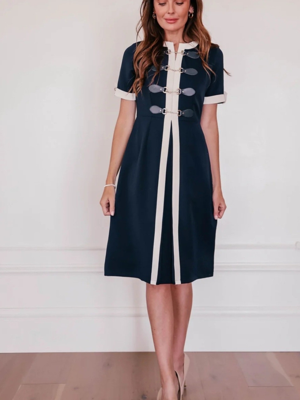 JessaKae Navy Midi Dress with Cream Trim and Decorative Clasps - Picture 3 of 5
